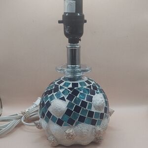 Beachy Mosaic Glass With Sea Shells Small Round Table Lamp 11.5" Tall to top